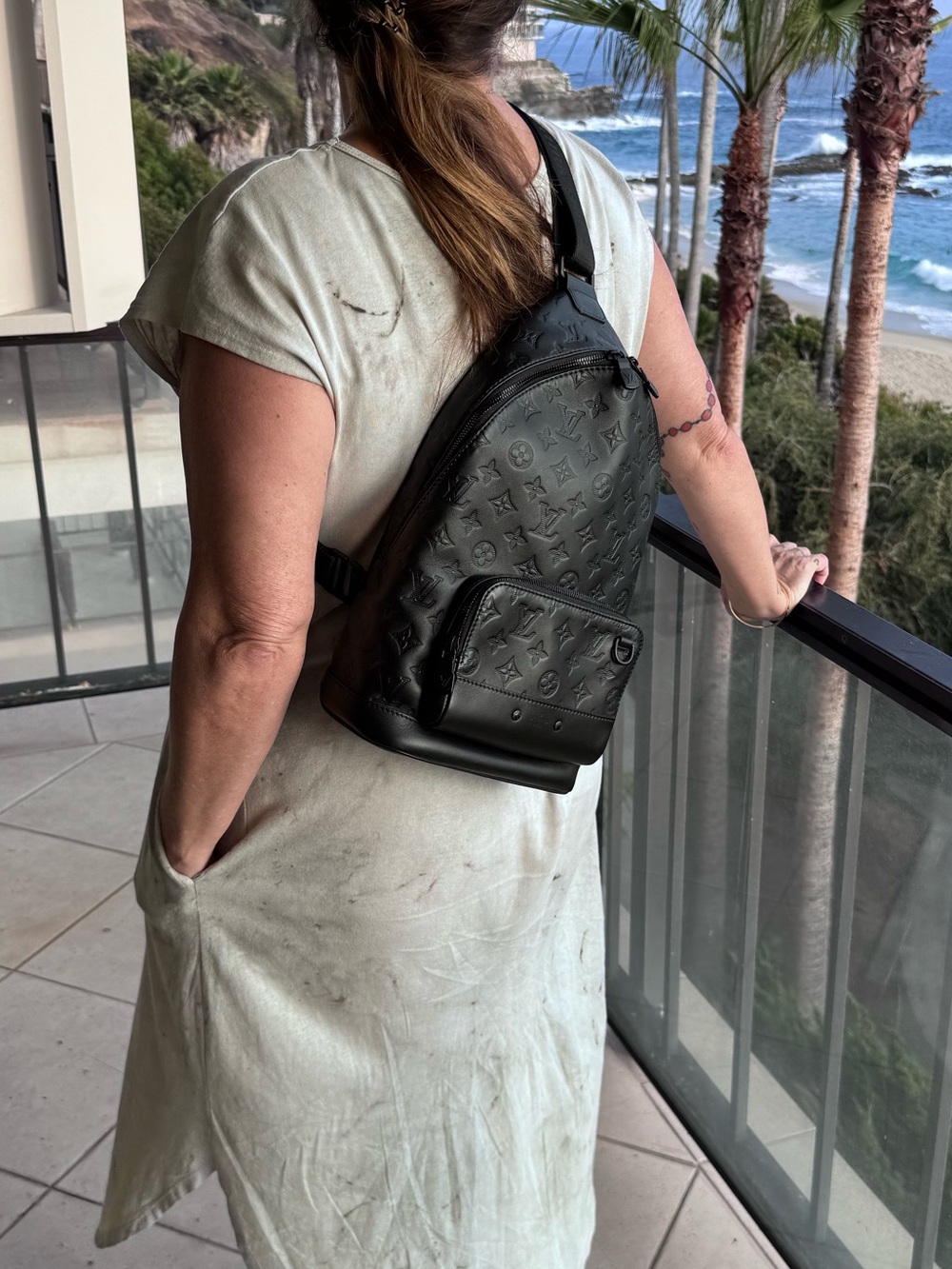 Louis Vuitton Embossed Monogram Leather Sling Backpack Black Racer Crossbody